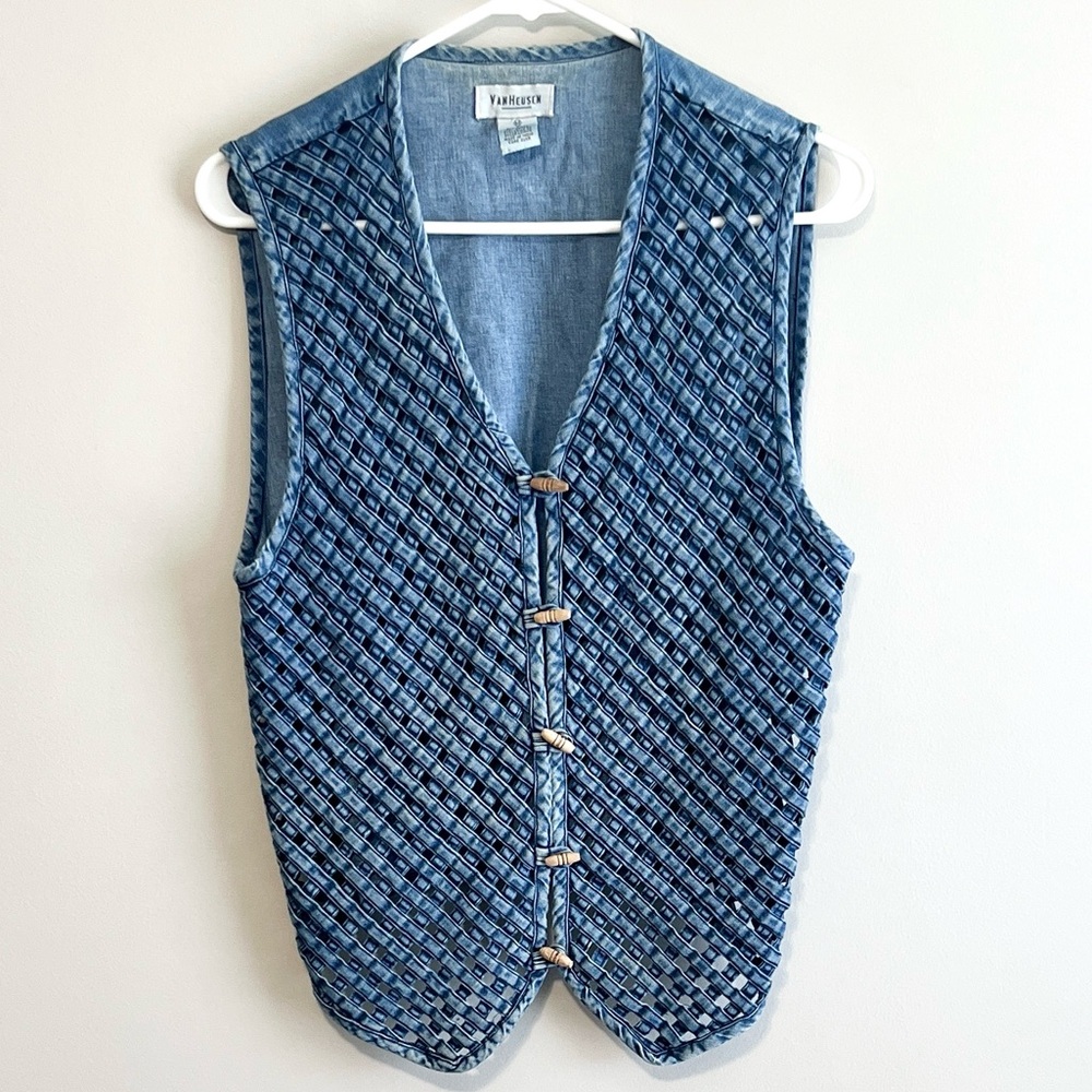 Vintage Van Heusen Lattice Woven Chambray Denim Toggle Button Vest
